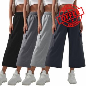 4 Pack Women's Capri Sweatpants Wide Leg Cargo Capris Elastic Waist Drawstring Loose Cropped Pants with 4 Pockets