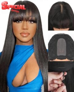 Mamushow Straight Human Hair Wig With Bangs Glueless Wear and Go 2x4 HD Lace Closure Wig 180% Density Drawstring Wig Human Hair for Black Women Natural Color 18 Inch