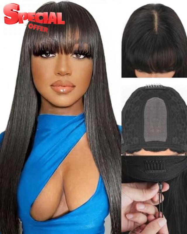 Mamushow Straight Human Hair Wig With Bangs Glueless Wear and Go 2x4 HD Lace Closure Wig 180% Density Drawstring Wig Human Hair for Black Women Natural Color 18 Inch