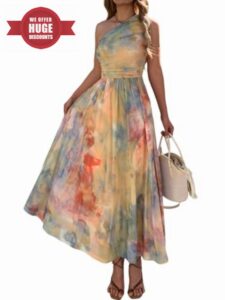 Women Summer One Shoulder Maxi Dress Sleeveless Ruched Mesh Long Beach Vacation Floral Sundresses Wedding Guest Dress