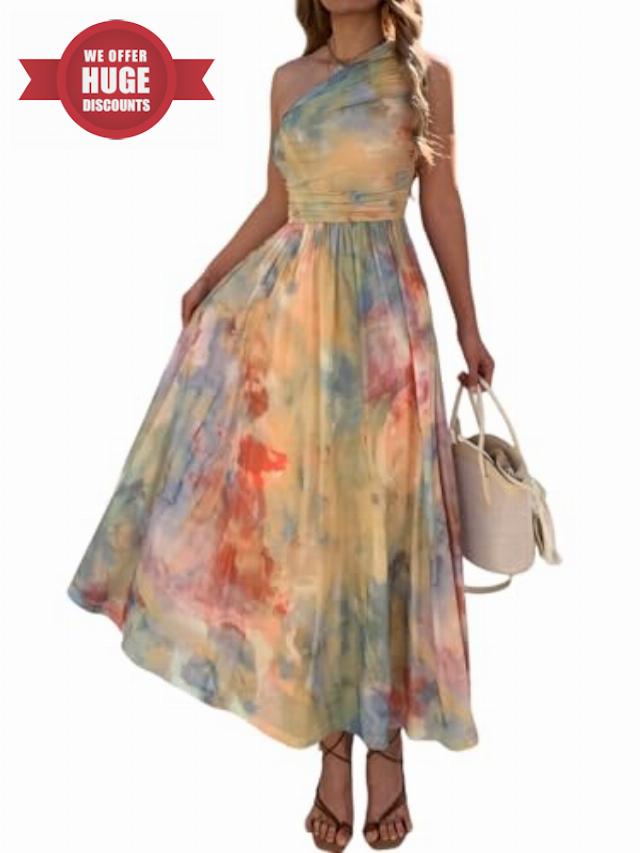 Women Summer One Shoulder Maxi Dress Sleeveless Ruched Mesh Long Beach Vacation Floral Sundresses Wedding Guest Dress