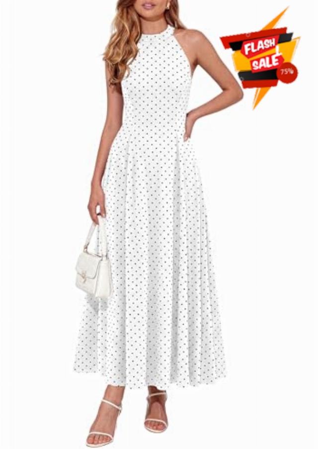 PRETTYGARDEN Summer Halter Dresses for Women 2026 Vacation Outfits Sleeveless Polka Dot Sundress Wedding Guest Maxi Dress