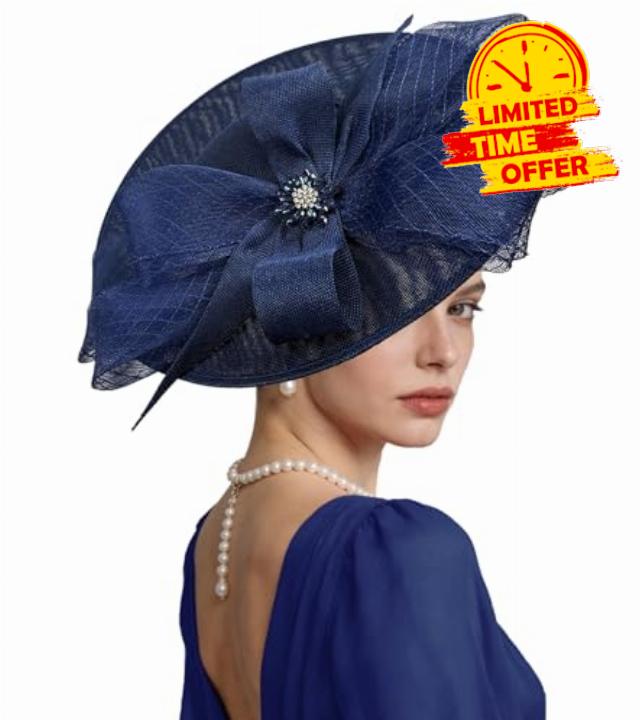 Kgromfy Women's Wide Brim Fascinator Hat Tea Party Headband Large Vintage Church Hat Lady Headwear for Derby Wedding Cocktail