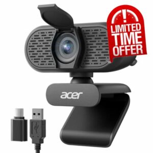 Acer 1080p Webcam USB Plug and Play Webcam for PC with Noise Cancellation Microphones Computer Camera for Desktop Streaming Gaming Online Meeting Wide Angle Privacy Cover A-to-C Adapter Easy Setup