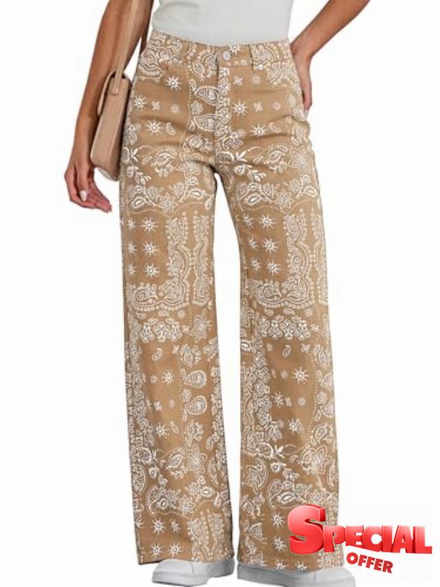 Tankaneo Womens Baggy Wide Leg Jeans Floral Print Boho High Waist Vintage Boyfriend Denim Pants with Pockets