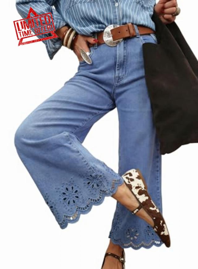 Sidefeel Womens Wide Leg Embroidered Jeans High Waisted Stretchy Straight Leg Loose Fit Ankle Denim Pants
