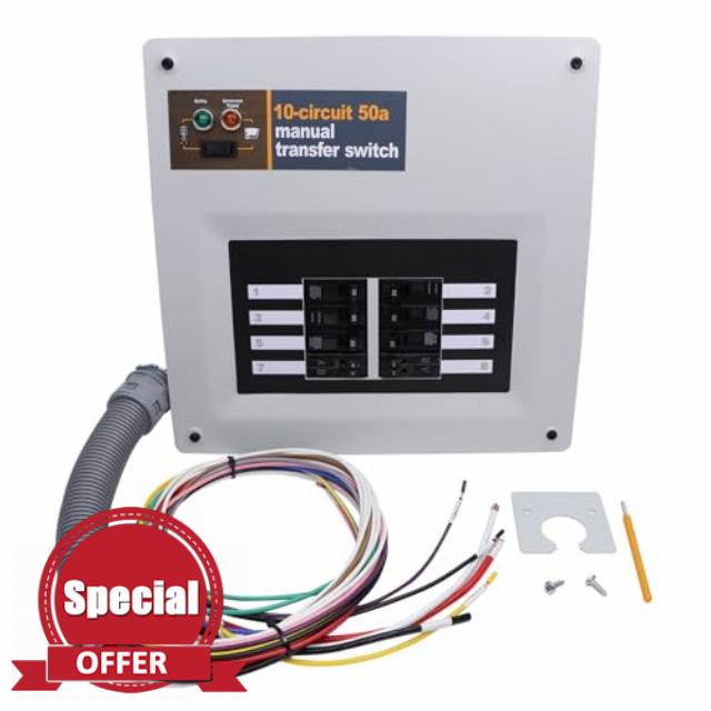 50 Amp 240V Manual Transfer Switch Kit Indoor Pre-Wired 10-Circuit Selector Compatible with Generac 9854