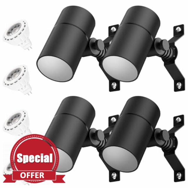 Low Voltage Spot Lights Outdoor Low Voltage Landscape Down Light Tree Lights Stainless Steel Mounting Bracket Cast Aluminum Body Free 4W MR16 LED Bulb 4-Pack