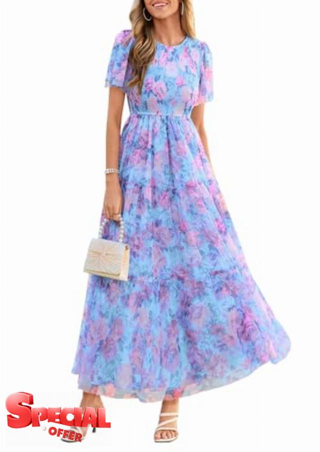 PRETTYGARDEN Tulle Floral Dress Women Summer Wedding Guest 2026 Spring Short Sleeve Maxi Smocked Flowy Beach Party Dresses