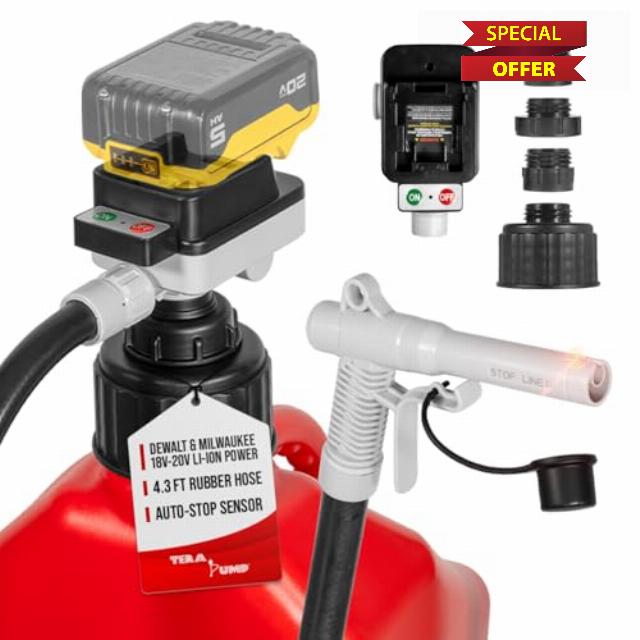 TERA PUMP Battery Powered Fuel Transfer Pump (4.0 GPM) – Auto Stop Cordless Pump Compatible with DeWalt 20V & Milwaukee 18V Batteries