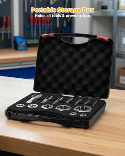 Rethreading High Speed Steel Taper Taps and Carbon Steel Hex Dies with Portable Black Storage Box (14 Pcs)