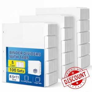 Chuangdi 500 Pcs Binder Dividers with Tabs for 3 Ring BindersLetter Size 8.5'' x 11'' Paper White Binder Divider Blank with 5 Tabs 100 Sets Bulk Page Dividers for School