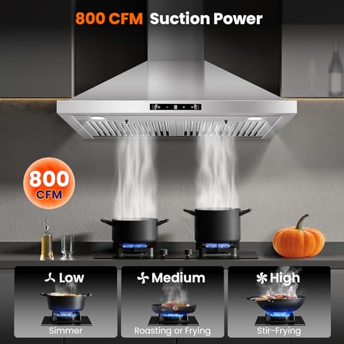 800 CFM Kitchen Hood Stainless Steel Stove Vent Hood with Gesture Sensing & Touch Control