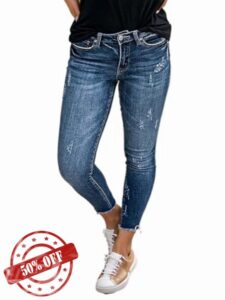 Flamingals Mid Rise Crop Skinny Jeans for Women Wash Ripped Raw Hem Butt Lifting Denim Pants