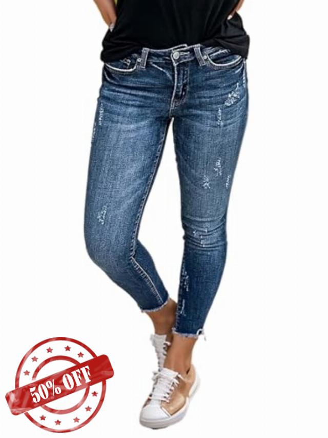 Flamingals Mid Rise Crop Skinny Jeans for Women Wash Ripped Raw Hem Butt Lifting Denim Pants