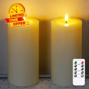 Flameless Real Wax 4" x8" Ivory Timer Remote Pillar Candle Grease Design
