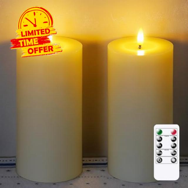 Flameless Real Wax 4" x8" Ivory Timer Remote Pillar Candle Grease Design