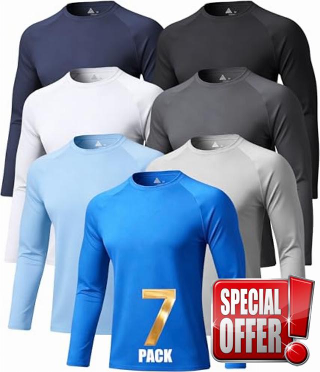7 Pack Mens UPF 50+ Sun Protection Shirts Long Sleeve Fast Dry Lightweight Rashguard for Running Swimming