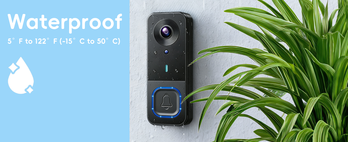 Text reads 'Waterproof'. Modern doorbell camera or security device mounted on wall next to indoor plant, featuring a blue light indicator.