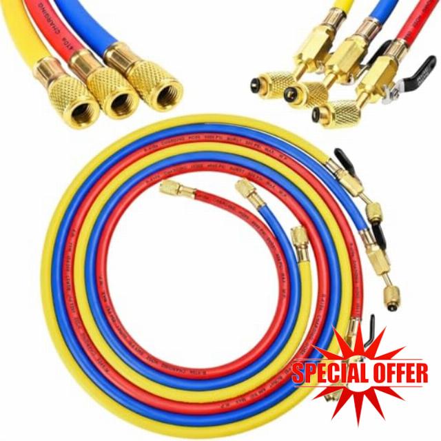 HVAC Guys 60in R-410A Refrigerant Charging Hoses with Ball Valves 3PK | 1/4in x 1/4in Refrigerant Hoses