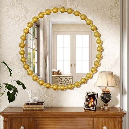 Modern Art Deco Circle Mirror with Decorative Beaded Frame