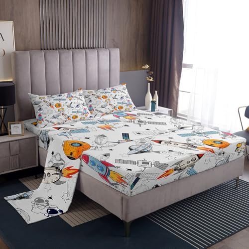 Spaceship Rocket Fitted Sheets Universe Exploration Sheet(Fitted+Flat+2 Pillowcases)