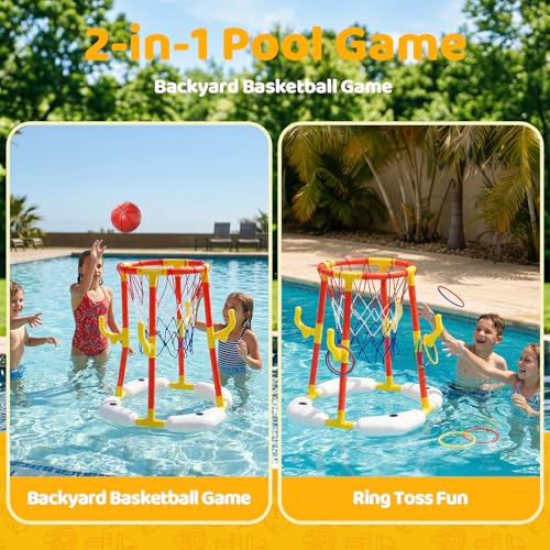 2-in-1 Pool Basketball Game & Ring Toss Set with 4 Balls