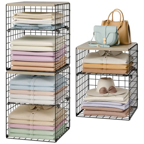 Set of 3 Closet Shelf Organizer with Adjustable Divider & Wood Top Board