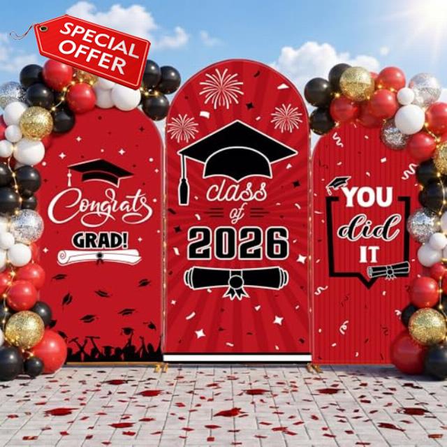WovWeave Graduation Arch Backdrop Stand Cover Set of 3-4ft 5ft 6ft Grad Arch Cover Photo Booth Backdrop Decorations for Graduation Party Decor Supplies(Red Black