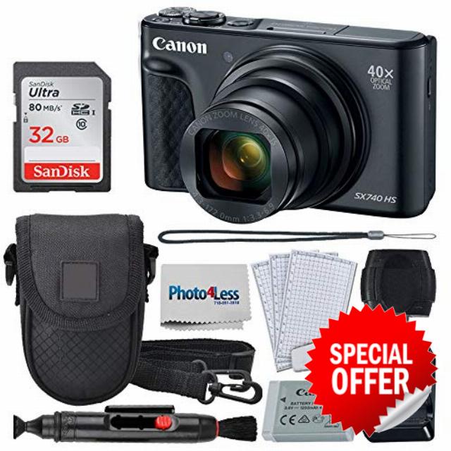 Canon PowerShot SX740 HS Digital Camera + 32GB Memory Card + Case + USB Card Reader + Lens Cleaning Pen + Screen Protectors + Cleaning Cloth – Accessory Bundle (Black) (Renewed)