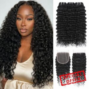 Deep Wave Bundles with Closure (20" 22" 24"+18") Deep Curly 3 Bundles and 5x5 HD Lace Closure 12A Wet and Wavy Brazilian Unprocessed Human Hair Extensions Double Weft Quick Weave Bundle for Wome