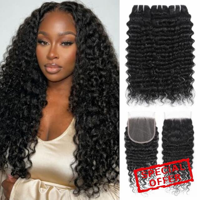 Deep Wave Bundles with Closure (20" 22" 24"+18") Deep Curly 3 Bundles and 5x5 HD Lace Closure 12A Wet and Wavy Brazilian Unprocessed Human Hair Extensions Double Weft Quick Weave Bundle for Wome