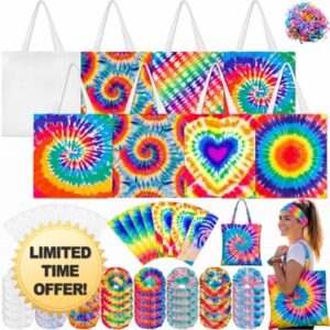 Rivvlive 68 Pcs Tie Dye Party Supplies with 40 White Scrunchies 20 Headbands and 8 Canvas Tote Bags Tie Dying Items for DIY Craft Large Groups Art Project Group Activity
