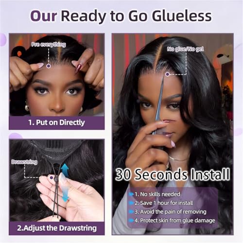 Pre-Bleached Pre-Plucked Ready to Wear and Go Glueless 180% Density Black Color 14 Inch