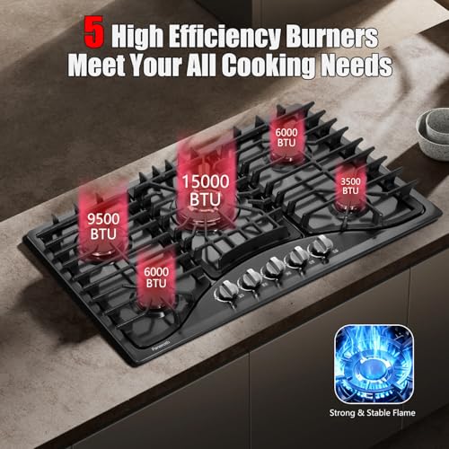 5 Burners Built-in Stove Top Stainless Steel Propane/Natural Gas Convertible Sealed Dual Fuel Cooktop (Black)