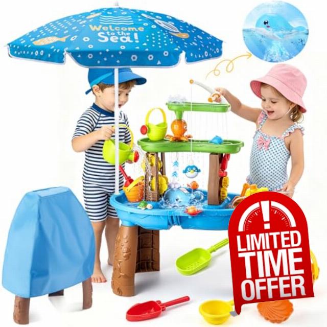 2026 Toddler Water Table with Umbrella & Fishing Game Set