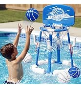 HYES 2 in 1 Pool Basketball Hoop, Floating Pool Toys with 4 Balls/8 Ring Toss Game for Kids Ages ...