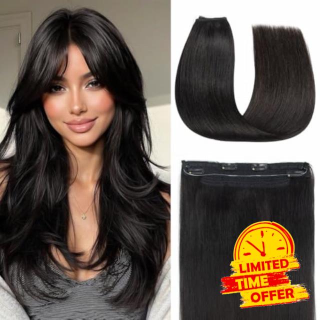 Halo Hair Extensions Real Human Hair 18inch 80g Natural Black Invisible Wire Hair Extensions Halo One Piece with 4 Clips and Adjustable Elastic Line Straight Remy Human Hair Halo Extensions for Wome