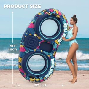 2 Person River Tubes Inflatable 5-in-1 Heavy Duty River Raft with Backrests Builtin Cooler 2 Cup Holders Floating Lounge for Lake Swimming Tanning Pool Toys Summer Relaxatio