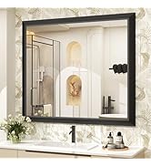 SMIROR Matte Black Bathroom Mirror for Over Sink 28x 32 inch, Metal Thick Frame Rectangle Vanity ...
