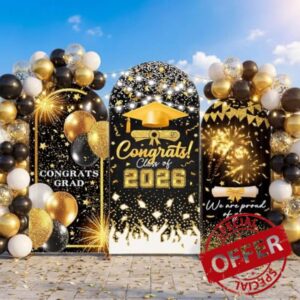 WovWeave Graduation Arch Backdrop Stand Cover Set of 3-4ft 5ft 6ft Grad Arch Cover Photo Booth Backdrop Decorations for Graduation Party Decor Supplies (Black Gold