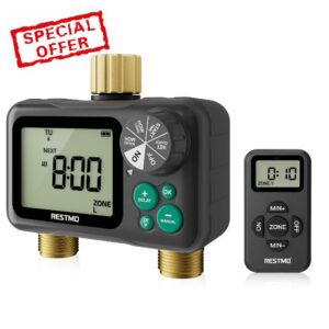 RESTMO Remote Control Brass Sprinkler Timer for Outdoor Hose Faucet 2 Zone