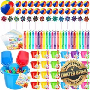 End of Year Gifts Summer Pool Beach Party Favor Include Inflatable Beach Ball Shovels Rainbow Pinwheels Bubble Wand Greeting Card for Party Supplies Gifts Prizes(72 Pcs)
