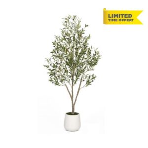 5FT Artificial Olive Tree Indoor Tall Faux Olive Trees with White Planter Natural Wood Trunk and Lifelike Fruits Potted Realistic for Home Office Living Room Deco