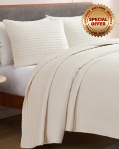 Quilts Queen Size - Cream Bedspread Queen Size with Stripe Stitch Pattern - Lightweight Bedspread for All Seasons - Soft
