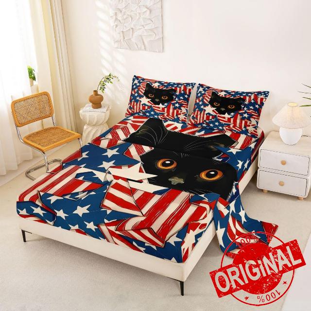 jejeloiu Stars Stripes Fuzzy Bed Sheets Sets Queen Size Kids Boys Girls Flower Bedding Set Cute Black Cat Bed Sheet Set with 16-Inch Deep Pockets 4Pcs with 2 Pillow Cases