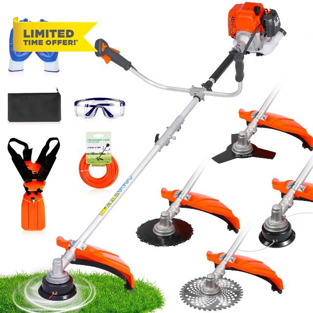 52cc 4-in-1 Gas Weed Eater and Brush Cutter - Straight Shaft Commercial Weed Wacker with Metal Blade - Heavy Duty 2-Cycle Multi-Tool System for Tall Grass and Weeds (Orange)