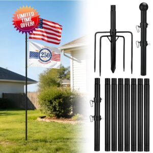 12.5ft In Ground Flag Pole for Outside House - Fit for 2 Flags Extra Thick Flag Pole Kit with 5 Prongs Base