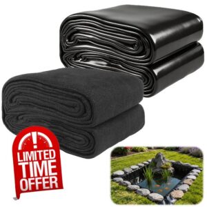Pond Liner 10 x 15 ft 20 Mil HDPE UV Resistant Pond Liner and Non Woven Geotextile Underlayment with 20 U-Pins for Outdoor Ponds