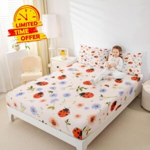 Erosebridal Red Ladybug Girls Fitted Sheet Queen Size Cute Ladybird Bed Sheets for Kids Teens Adult Boho Floral Bedding Set Rustic Reptile Animal Sheets Breathable Bedroom Deco